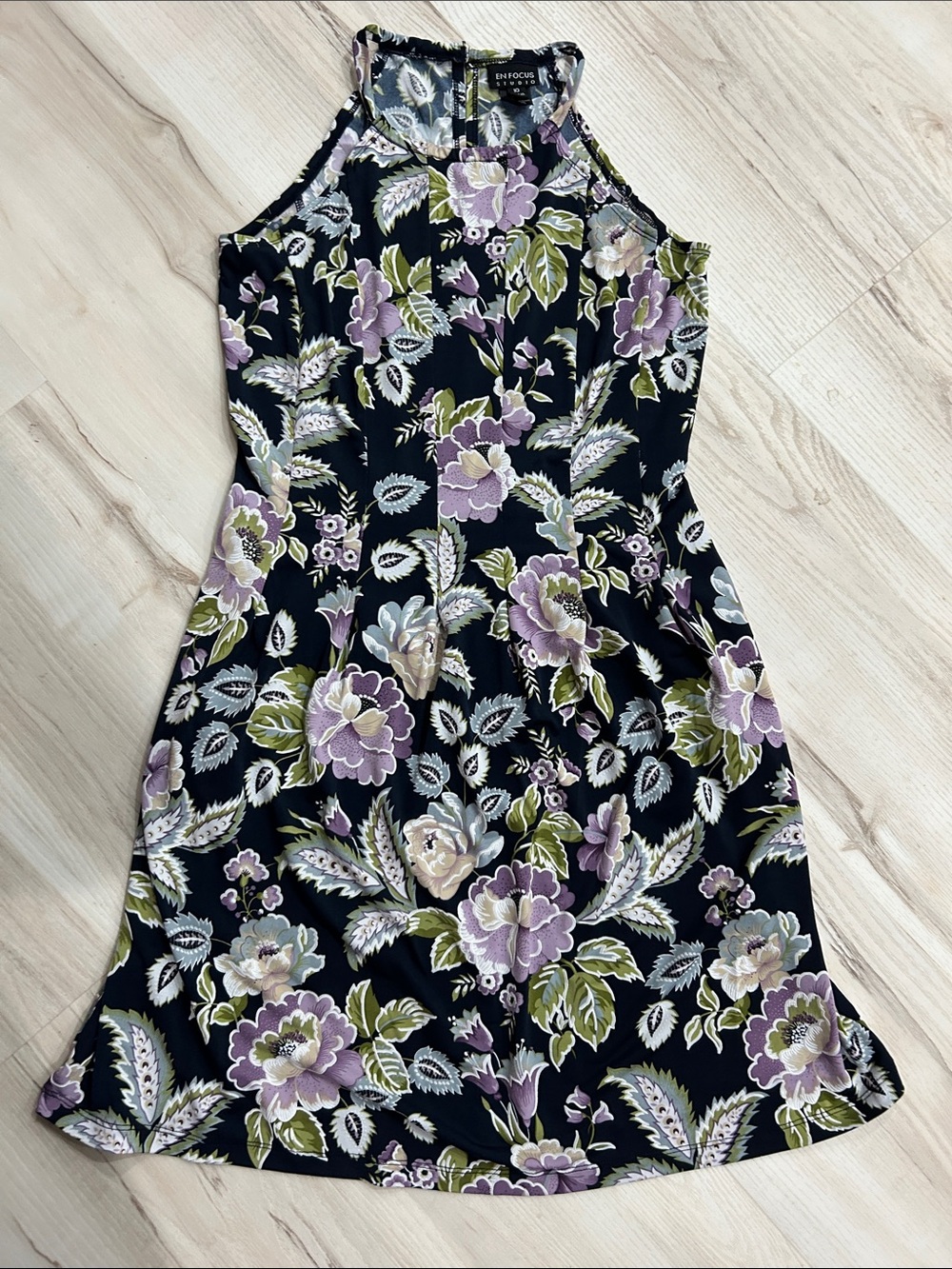 Enfocus Studio Black Floral Halter Midi Dress with Lavender & Olive